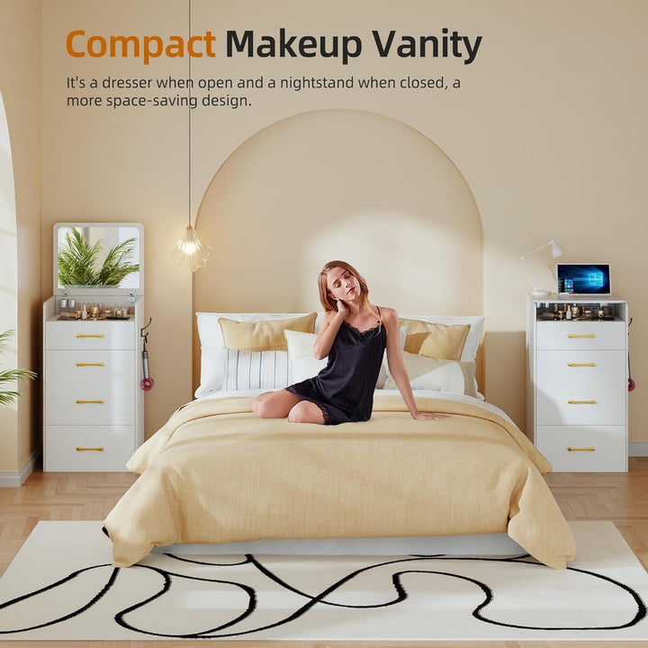 Compact 3-in-1 Vanity Desk with Flip-Up Mirror, Hidden Storage & Cushioned Stool – Multi-Use Nightstand & Makeup Table for Small Spaces Peach Maple
