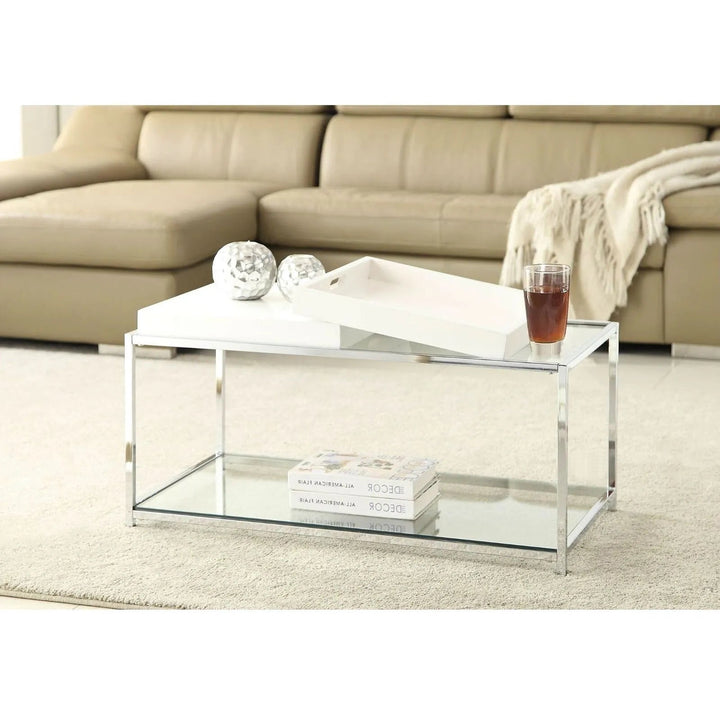 Modern Chrome Metal Coffee Table with Tempered Glass Shelves and 2 Removable White Trays – 18"x34.6", Multi-Functional Accent Table Yellow Crius