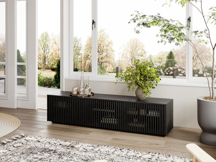 Modern Solid Wood TV Stand, Black Entertainment Center for 65 Inch TV Peach Maple