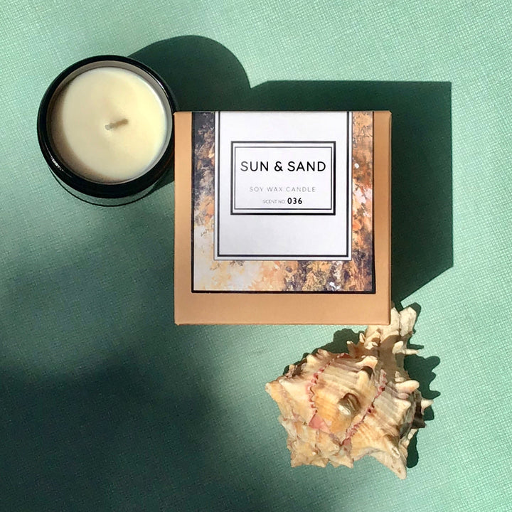 Sun + Sand Hand-Poured Soy Wax Candle – White Floral & Citrus Scent, Cotton Wick, Amber Jar or Gold Tin, Made in Brooklyn Indigo Poseidon