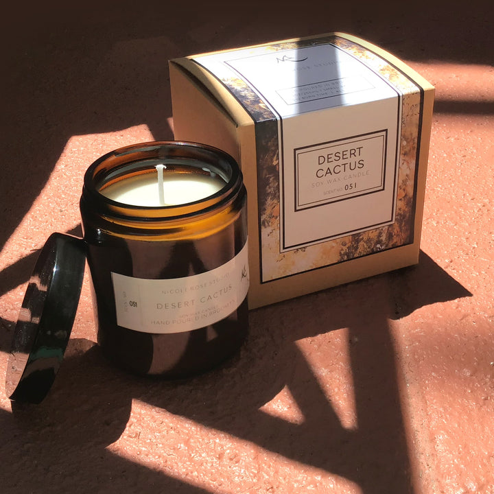 Desert Cactus Soy Wax Candle – Hand-Poured Essential Oil Scented Candle with Geranium, Rose & Lemongrass – 4oz/8oz Indigo Poseidon