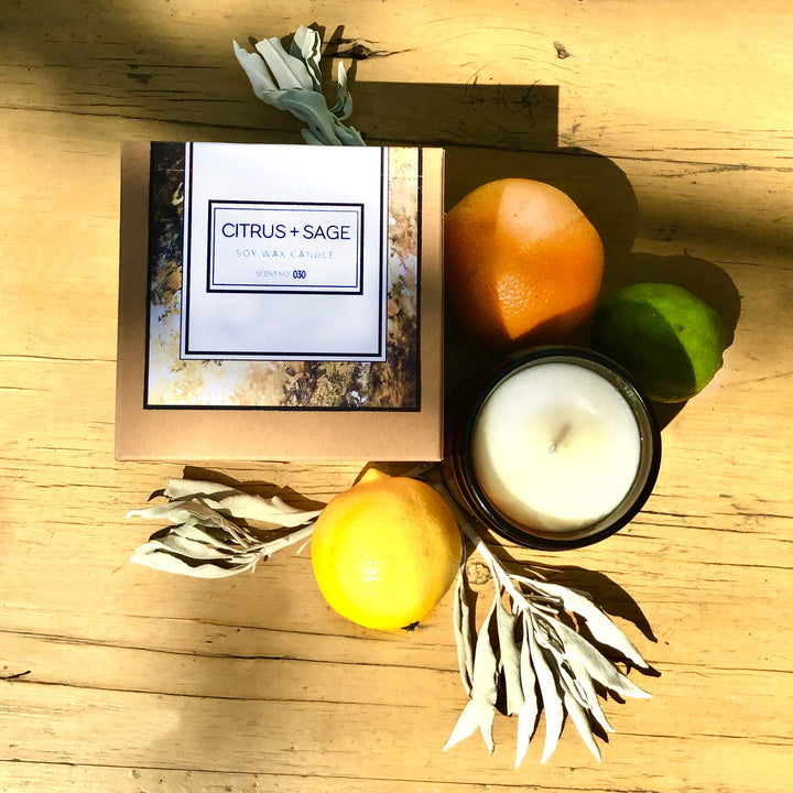 Citrus & Sage Soy Wax Candle – Bright Aromatherapy Blend with Essential Oils – 4oz & 8oz Indigo Poseidon
