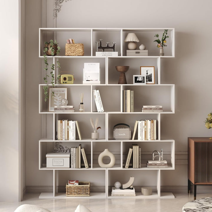 S-Shaped Bookshelf – Modern Geometric 6-Tier White Display Bookcase Peach Maple
