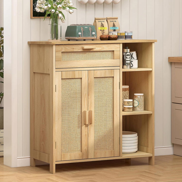 Natural Rattan Boho Storage Cabinet with Adjustable Shelves Peach Maple