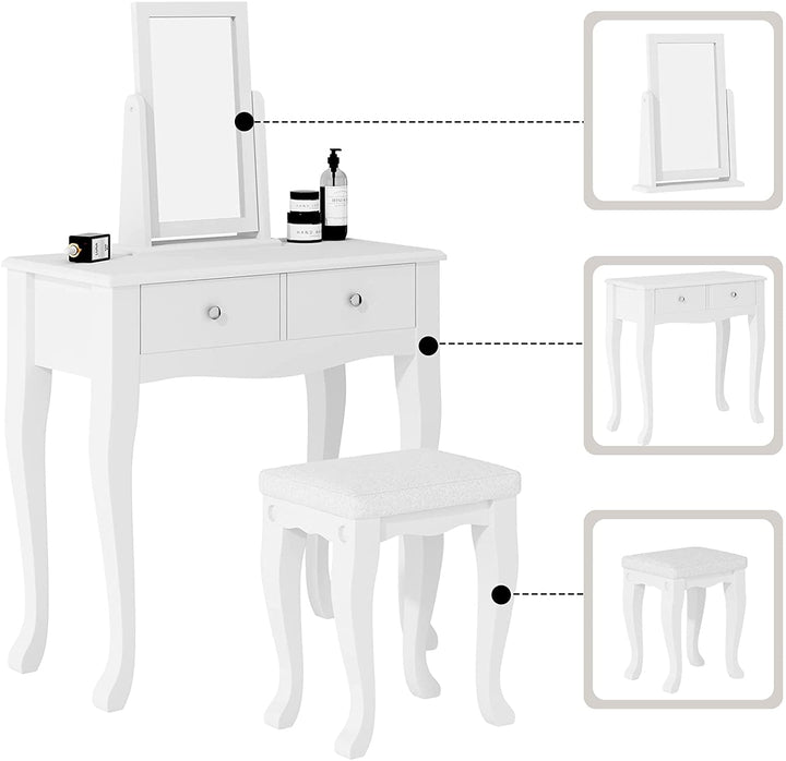 Modern Vanity Table Set with 360° Pivoting Mirror and Cushioned Stool – Makeup Dressing Table with 2 Drawers, Solid Wood & PU Seat Peach Maple