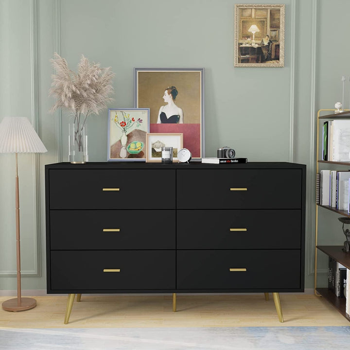 Modern Black 6-Drawer Dresser with Matte Finish – Spacious Bedroom Storage Chest with Metal Handles Peach Maple