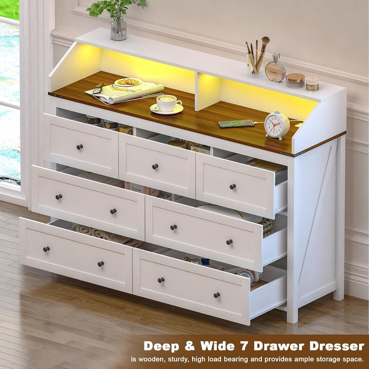 54" Rustic 7 Drawer Dresser with LED Lights, USB & AC Charging Ports – White Wood Chest for Bedroom, Living Room, Hallway Peach Maple