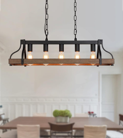 Farmhouse 5-Light Linear Chandelier for Kitchen Island – Rustic Wood Rectangle Ceiling Light Fixture, Adjustable Height, UL Listed, Dining Room Pendant Lighting Peach Maple