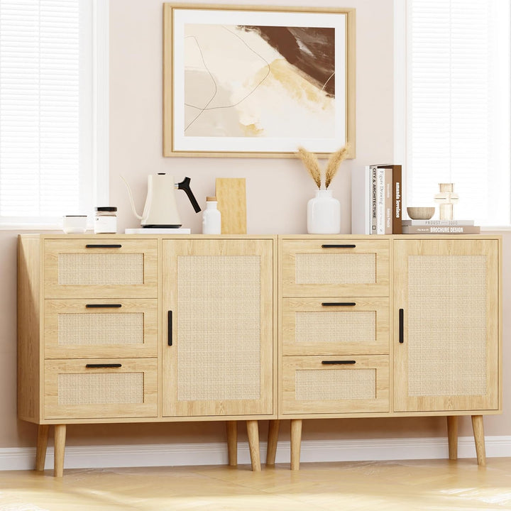 Modern Storage Cabinet, Free Standing Buffet Cabinet, Black Sideboard Peach Maple