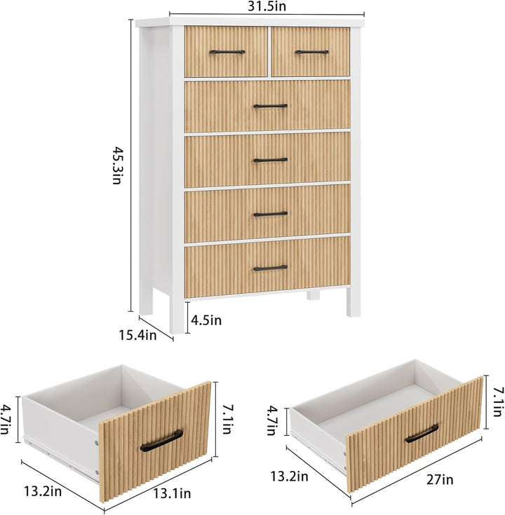 White Fluted 6-Drawer Dresser – Modern Tall Chest with Wavy Panels & Black Handles for Bedroom, Living Room, or Entryway Peach Maple
