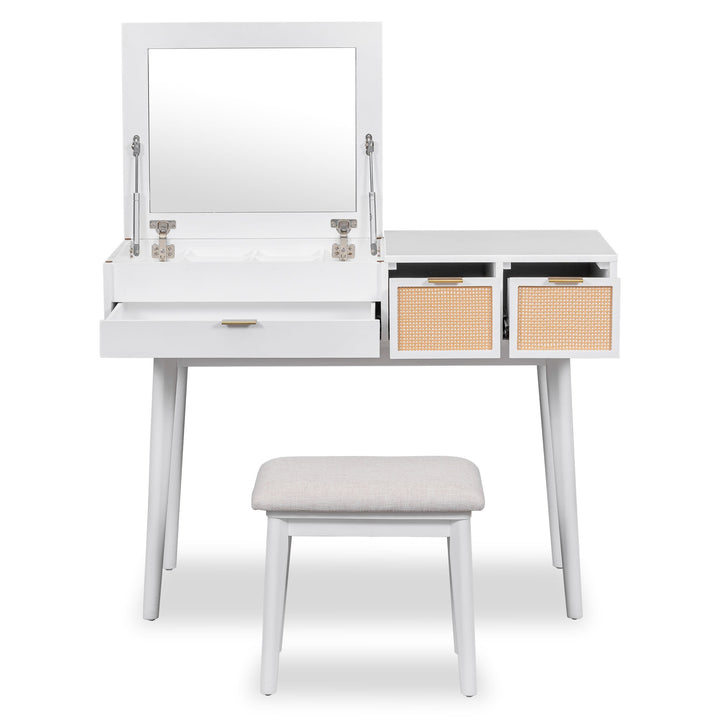 White Makeup Vanity Table with Hidden Square Mirror, 3 Drawers with Woven Rattan Design & Upholstered Stool – Solid Wood & MDF, Space-Saving Dressing Table Set Sangria Beech
