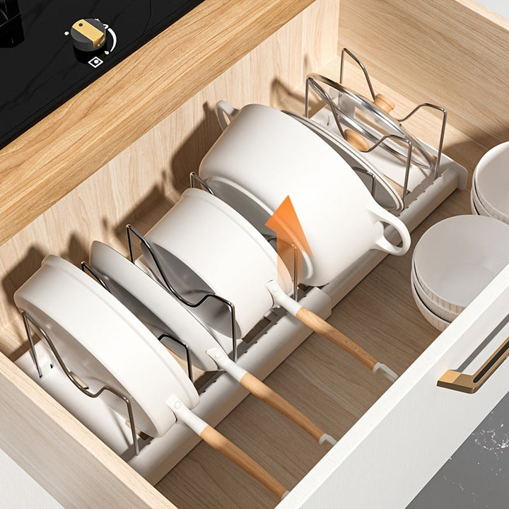 Retractable Pot Rack – Adjustable Pull-Out Kitchen Storage Organizer for Pots, Pans & Lids, Space-Saving Cabinet Shelf Champagne Apollo
