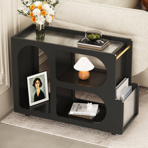 Modern Black End Table with Fluted Tempered Glass & Lockable Wheels – Mobile Narrow Coffee Table with Storage, 31.5" Wide Blue Strawberry