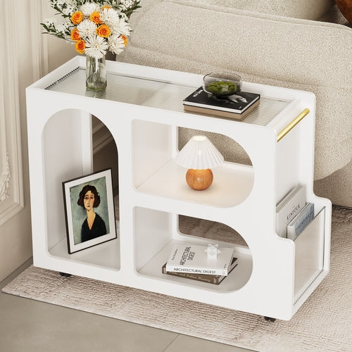 Modern Black End Table with Fluted Tempered Glass & Lockable Wheels – Mobile Narrow Coffee Table with Storage, 31.5" Wide Blue Strawberry