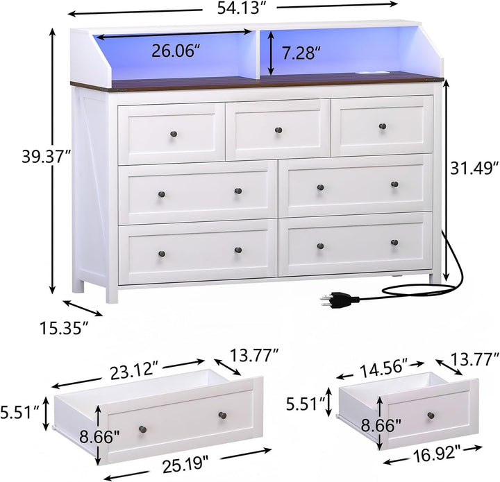 54" Rustic 7 Drawer Dresser with LED Lights, USB & AC Charging Ports – White Wood Chest for Bedroom, Living Room, Hallway Peach Maple
