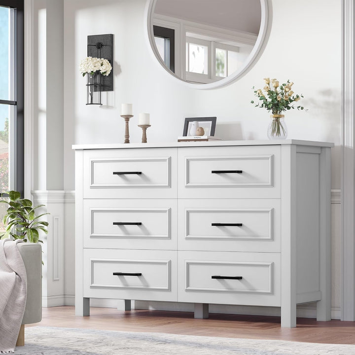 6-Drawer Dresser with Built-in Power Outlet & USB Ports – White Storage Cabinet with Rustic Bar Handles, Anti-Tip Design for Bedroom, Entryway, or Living Room Peach Maple
