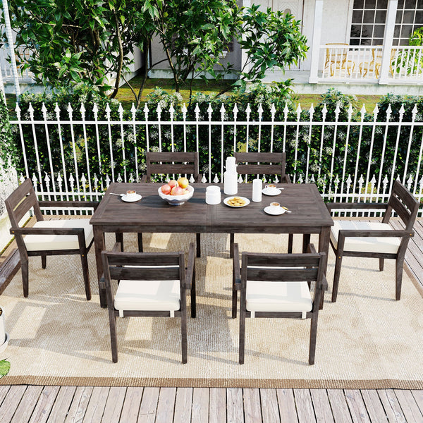 7-Piece Outdoor Acacia Wood Dining Set – Burly Wood Table and 6 Chairs with Cushions, Weather-Resistant Patio Furniture for Garden, Balcony, Backyard Sangria Beech