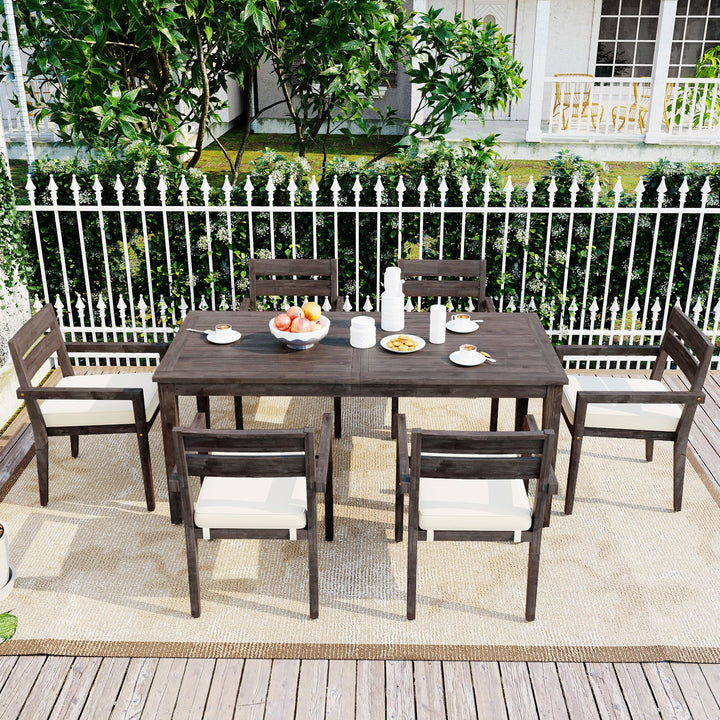 7-Piece Outdoor Acacia Wood Dining Set – Burly Wood Table and 6 Chairs with Cushions, Weather-Resistant Patio Furniture for Garden, Balcony, Backyard Sangria Beech