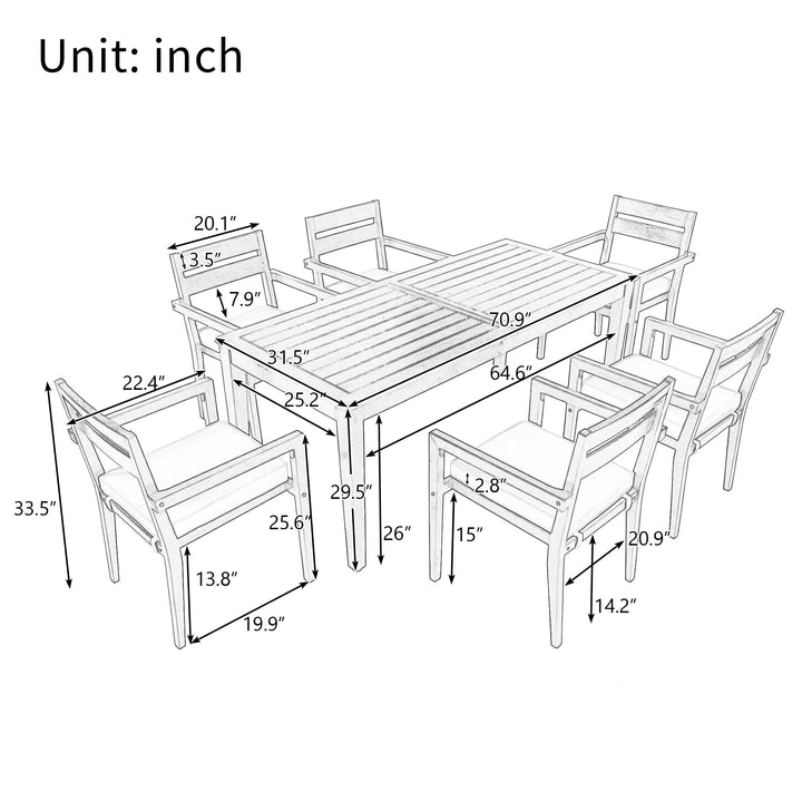 7-Piece Outdoor Acacia Wood Dining Set – Burly Wood Table and 6 Chairs with Cushions, Weather-Resistant Patio Furniture for Garden, Balcony, Backyard Sangria Beech