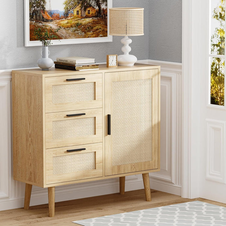 Modern Storage Cabinet, Free Standing Buffet Cabinet, Black Sideboard Peach Maple