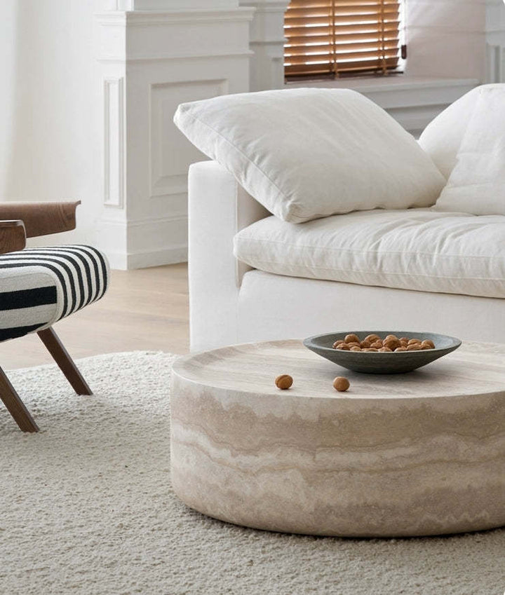 Modern Round Faux Travertine Coffee Table – 31.5" Fiberglass Center Table for Living Room, No Assembly Needed Sangria Beech