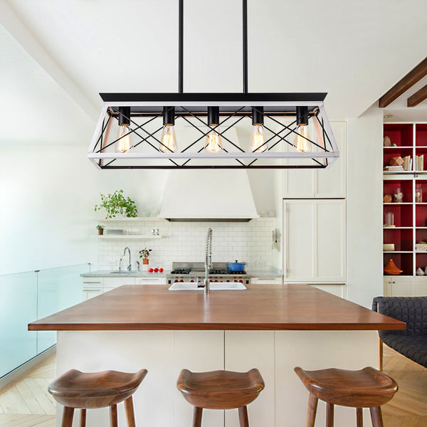 5-Light Farmhouse Pendant Light Fixture – Rustic Iron & Wood Chandelier with White Shades, Height Adjustable, E26 Base, Dimmable – For Kitchen Island, Dining Room, Entryway Sangria Beech