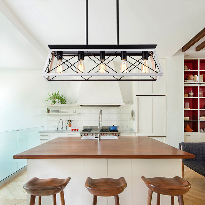 5-Light Farmhouse Pendant Light Fixture – Rustic Iron & Wood Chandelier with White Shades, Height Adjustable, E26 Base, Dimmable – For Kitchen Island, Dining Room, Entryway Sangria Beech