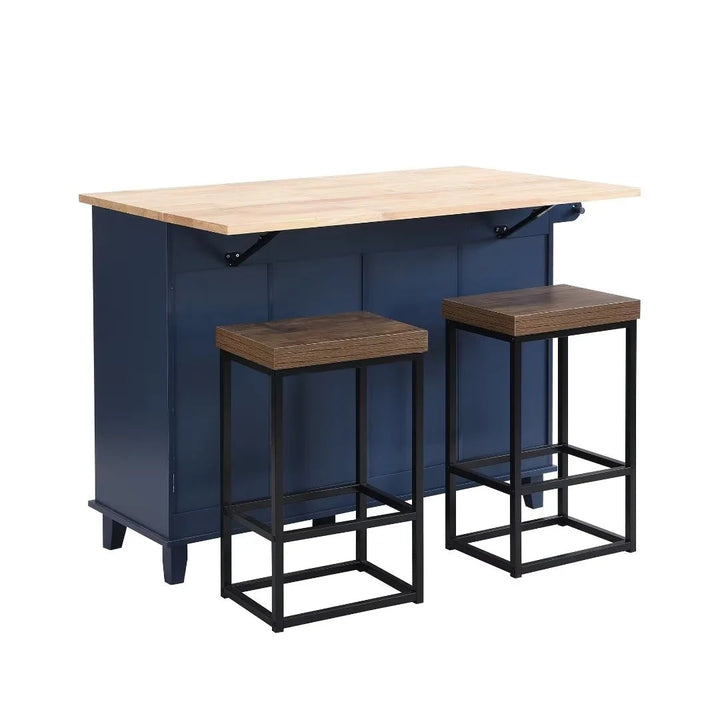 Farmhouse Kitchen Island Set with Drop Leaf Tabletop, 4 Drawers & Adjustable Shelf, Includes 2 Dining Stools – Blue Rubberwood & MDF Storage Island Sangria Beech