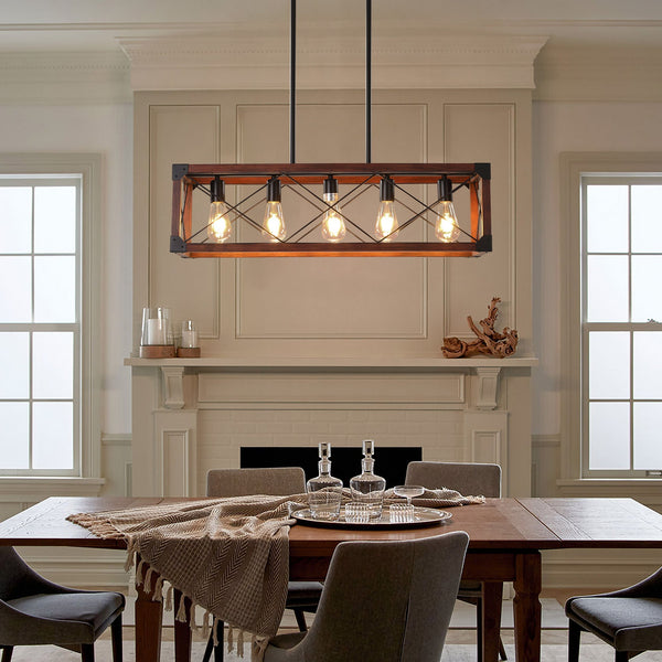 5-Light Farmhouse Chandelier – Red Wood and Black Iron Kitchen Island Pendant Light, Adjustable Height, E26 Base, Rustic Industrial Ceiling Fixture for Dining Room, Living Room, Entryway Sangria Beech