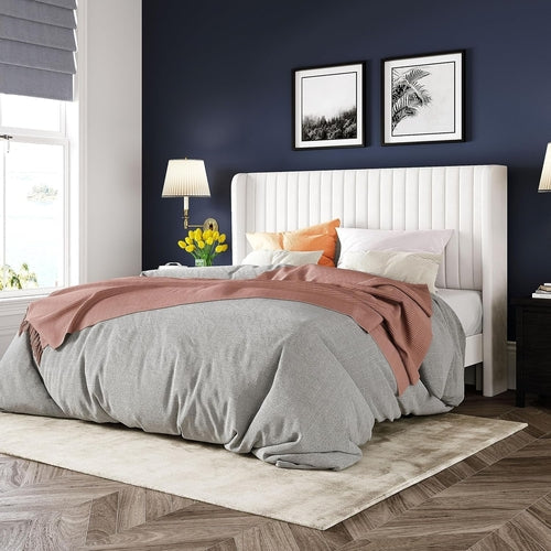 Velvet Wingback Platform Bed Frame – Full/Queen/King Size, Upholstered Headboard, No Box Spring Needed, 800 lbs Weight Capacity – Multiple Colors Peach Maple