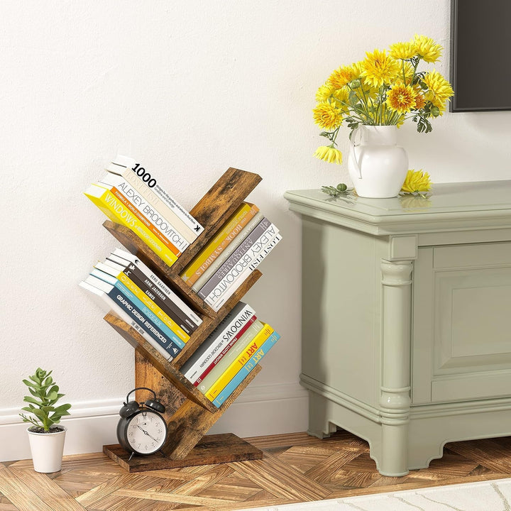 Hoctieon 4-Tier Tree Bookshelf – Small Space Corner Bookcase with Rustic Wood & Metal Frame, Compact Vertical Storage Shelf with Anti-Tip Kit, Freestanding Organizer for Living Room, Bedroom, Office Peach Maple