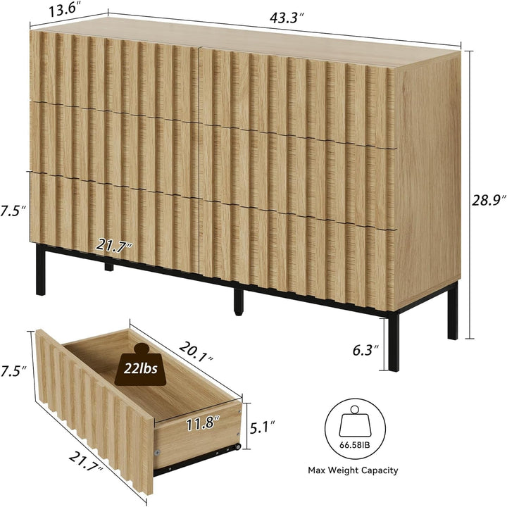 Modern 6-Drawer Wooden Dresser with Vertical Accent Lines – Spacious Bedroom Storage & TV Stand, Natural Wood Finish Peach Maple