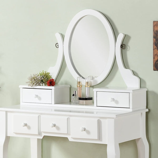 Roundhill White Vanity Table and Stool Set with Adjustable Oval Mirror – 5 Drawer Makeup Desk with Upholstered Beige Bench for Bedroom or Dorm Peach Maple