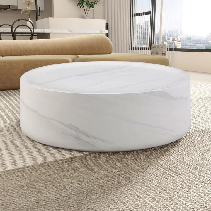 Modern Round Fiberglass Coffee Table – No Assembly, Durable Black & White Accent Table for Living Room & Office Sangria Beech