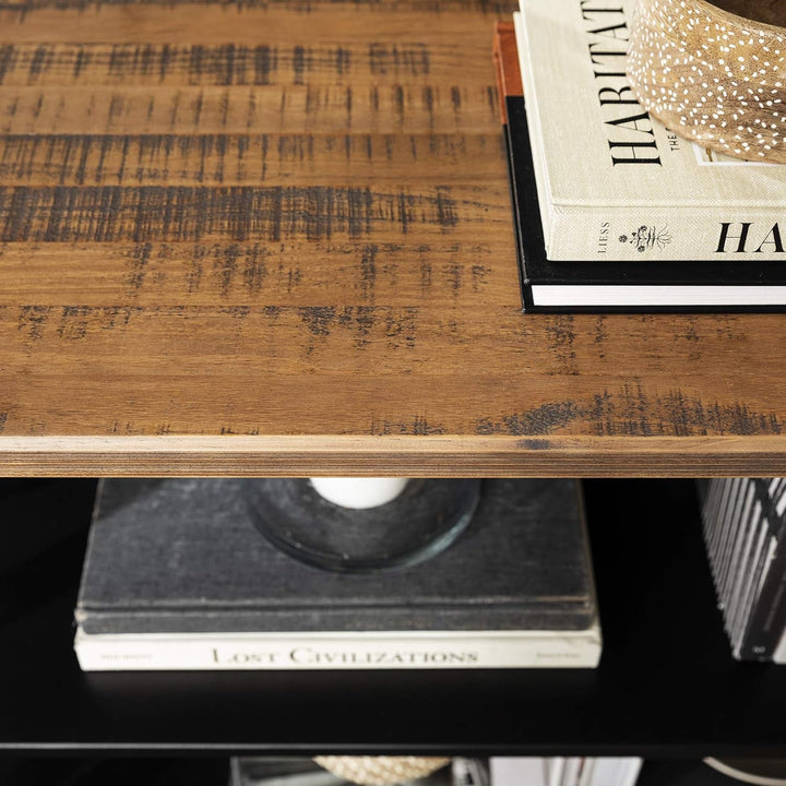 Modern Farmhouse Solid Pine Wood Storage Console – 2-Shelf Bookcase with Beadboard Back & X-Side Design, Rustic Sofa Table or Bookshelf for Living Room, Kitchen, or Home Office Peach Maple