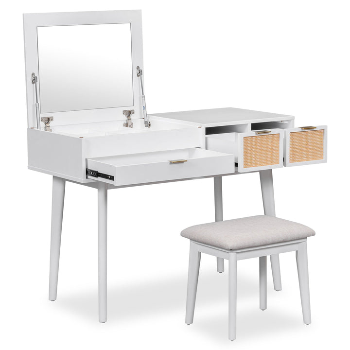 White Makeup Vanity Table with Hidden Square Mirror, 3 Drawers with Woven Rattan Design & Upholstered Stool – Solid Wood & MDF, Space-Saving Dressing Table Set Sangria Beech