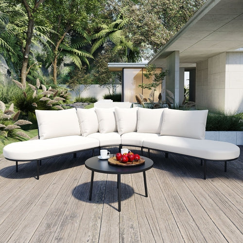 6-Piece Outdoor Patio Furniture Set – All-Weather Iron Frame with Cushions, Beige Sectional Seating for 6 with Coffee Table, Waterproof & Stain-Resistant Sangria Beech