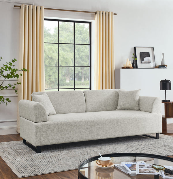 Modern Beige Linen Sectional Sofa with Foam Cushions, Eucalyptus Wood Frame & Metal Legs – 3-Seat Convertible Sofa with End Tables and Bolster Pillows Sangria Beech