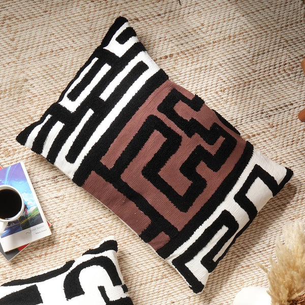 Handcrafted Tufted Cotton Slub Lumbar Pillow - Brown, White & Black 24' x 16' GH Modern Living