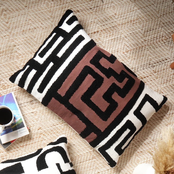 Handcrafted Tufted Cotton Slub Lumbar Pillow - Brown, White & Black 24' x 16' GH Modern Living