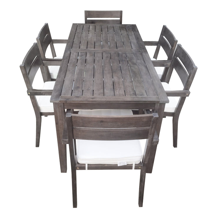 7-Piece Outdoor Acacia Wood Dining Set – Burly Wood Table and 6 Chairs with Cushions, Weather-Resistant Patio Furniture for Garden, Balcony, Backyard Sangria Beech