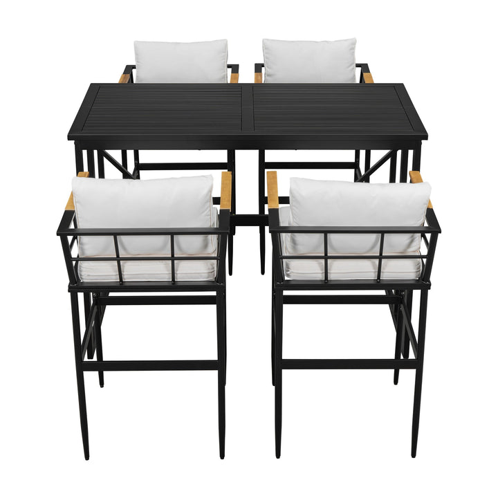 5-Piece Outdoor Dining Set with Iron Table & Acacia Wood Armrests – Beige Cushioned Chairs, High-Back Design for Patio, Garden, or Backyard Sangria Beech