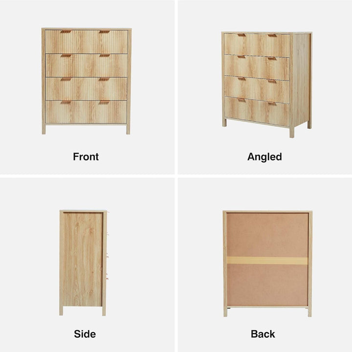 Modern 4 Drawer Wood Dresser – Fluted Wavefront Storage Cabinet with Solid Legs, MDF Chest for Bedroom & Living Room Peach Maple