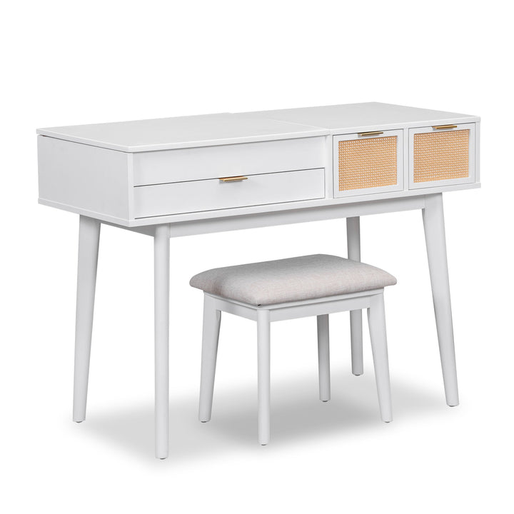 White Makeup Vanity Table with Hidden Square Mirror, 3 Drawers with Woven Rattan Design & Upholstered Stool – Solid Wood & MDF, Space-Saving Dressing Table Set Sangria Beech