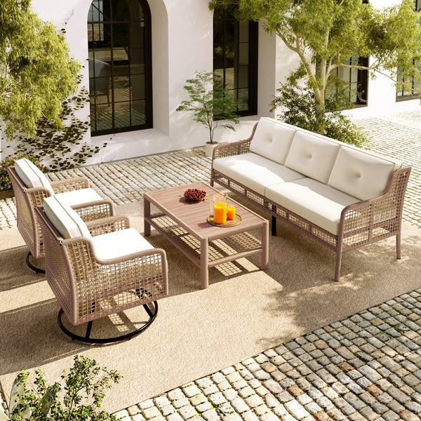 5-Piece Outdoor Patio Furniture Set with 3-Seat Sofa, 2 Swivel Chairs & Wood Coffee Table – PE Rattan Wicker, Beige Cushions, Weatherproof Design Sangria Beech