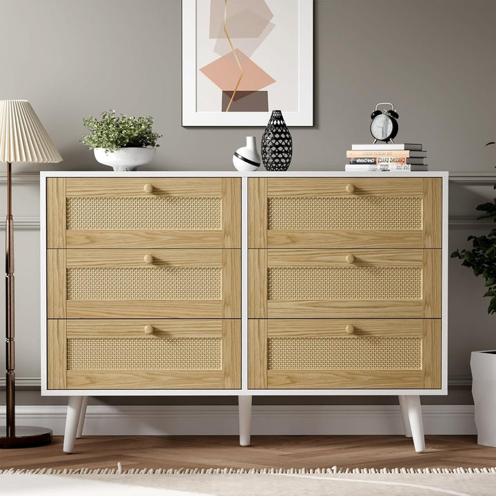 Modern 6-Drawer Rattan Dresser with Ample Storage & Anti-Tip Safety Strap – Space-Saving Bedroom Chest Peach Maple