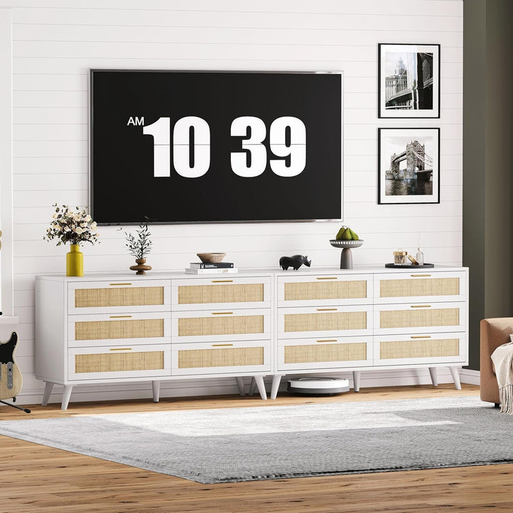 Modern 6 Drawer Double Dresser with Elegant Rattan Accents & Gold Handles – Spacious Storage for Bedroom, Living Room, or Entryway Peach Maple