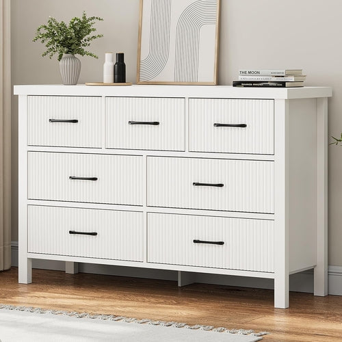 Modern White 7-Drawer Dresser with Fluted Panels – Wide Storage Chest with Black Handles, MDF Wood, for Bedroom, Living Room, or Hallway Peach Maple