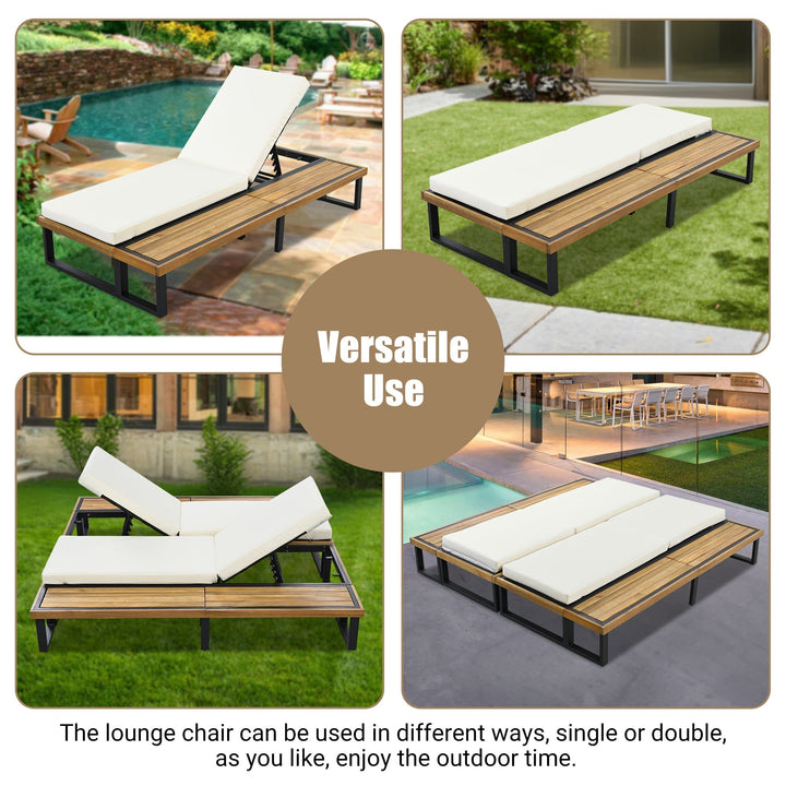 Adjustable Outdoor Chaise Lounge Chair with 5-Position Recline, Acacia Wood Frame & Thick Cushion – Poolside Recliner with Side Table, Beige Sangria Beech