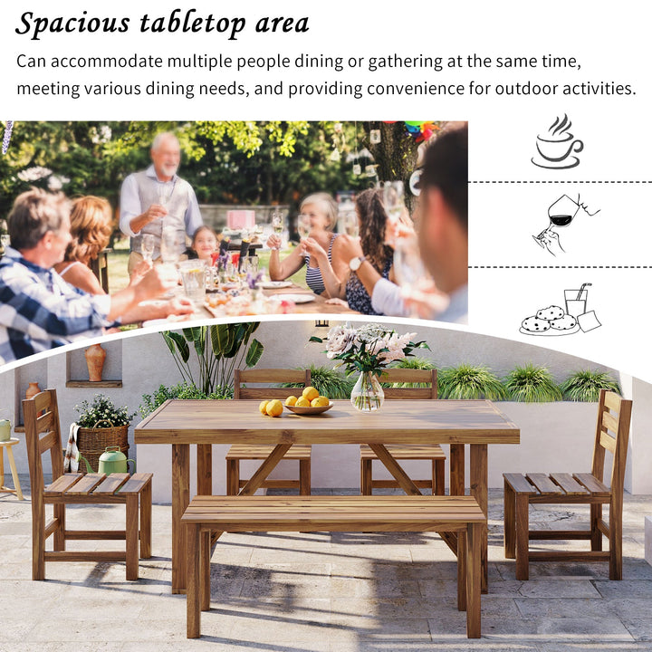 6-Piece Outdoor Acacia Wood Dining Set – Includes Table, Bench & 4 Chairs – Modern Patio Furniture for Garden, Balcony, or Deck (Brown) Sangria Beech